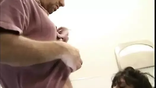 Horny bitch starts masturbating in the toilet when hunk comes along to fuck her