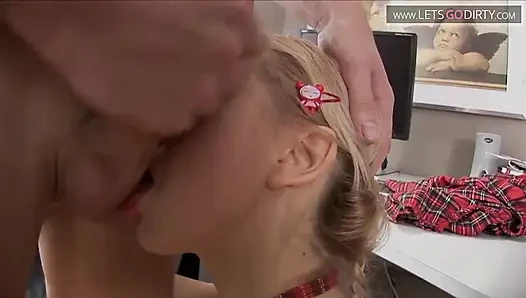 Blonde babe gags on a huge cock then gets pussy fucked to a stretch