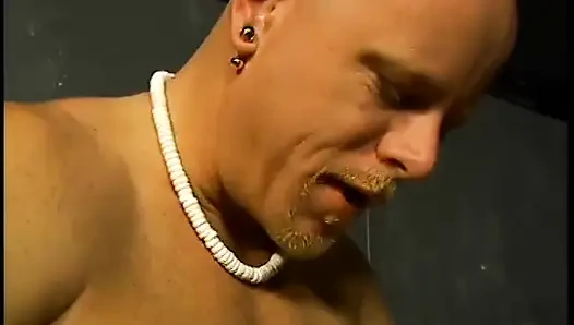 Bi stud gets his ass fucked by babe's strap on while he sucks muscular stud's huge dick