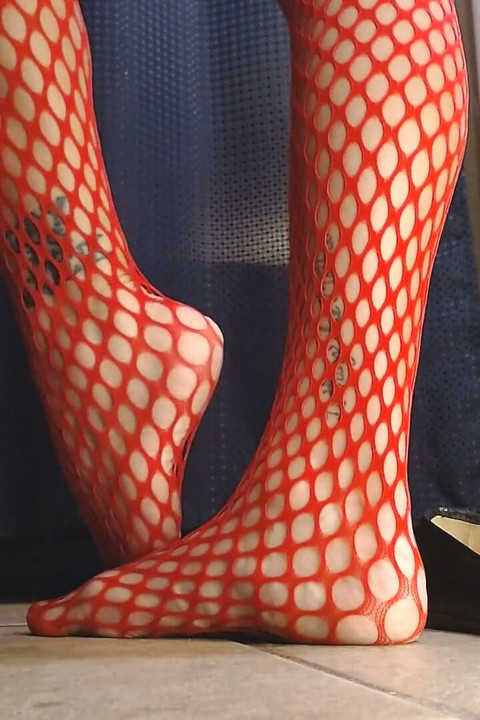 Red Fishnets Ballet Flats Shoeplay Dipping Toe Wiggling
