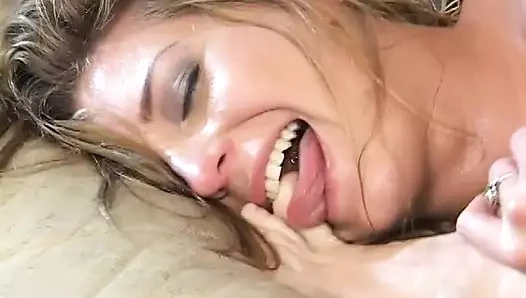 Brunette shoves whole stud's cock in her mouth then hides it in her pussy