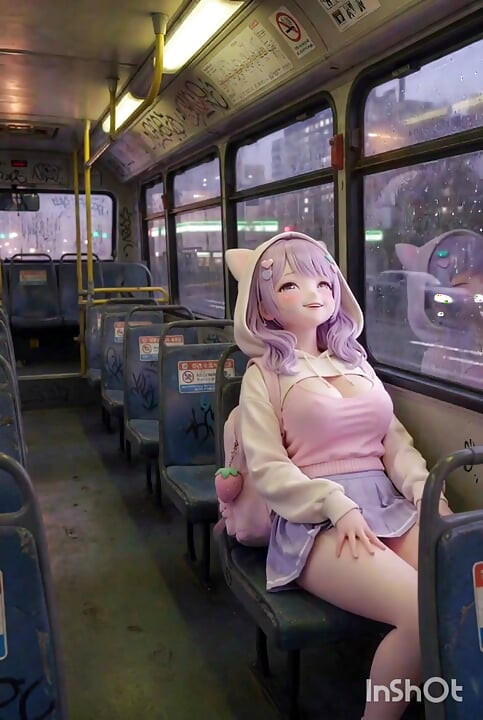 Shy kawaii hentai girl, alone on public bus