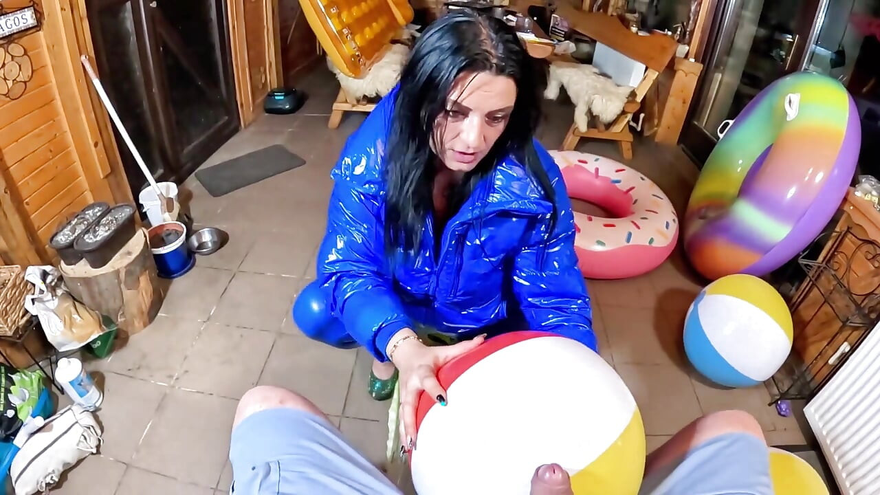 Dominant MILF in Shiny Leather Pants and Glossy Downjacket. Blowjob, Cameltoe, Cum Play and Inflatable Destruction