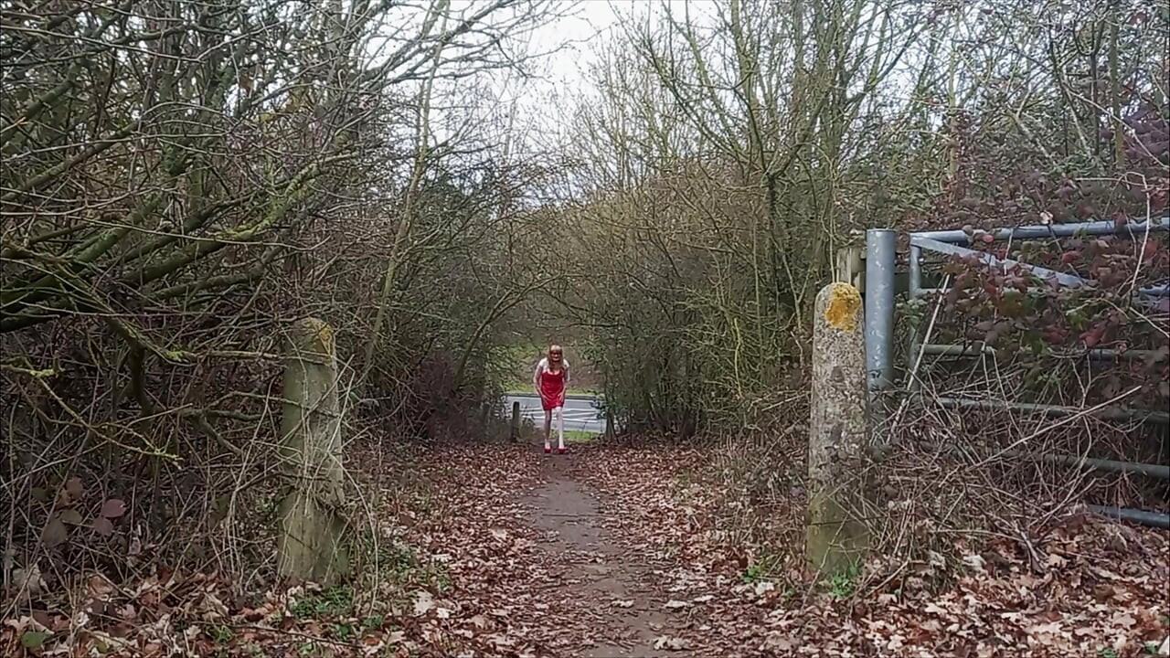 Crossdresser Roadside Wanking in Red PVC