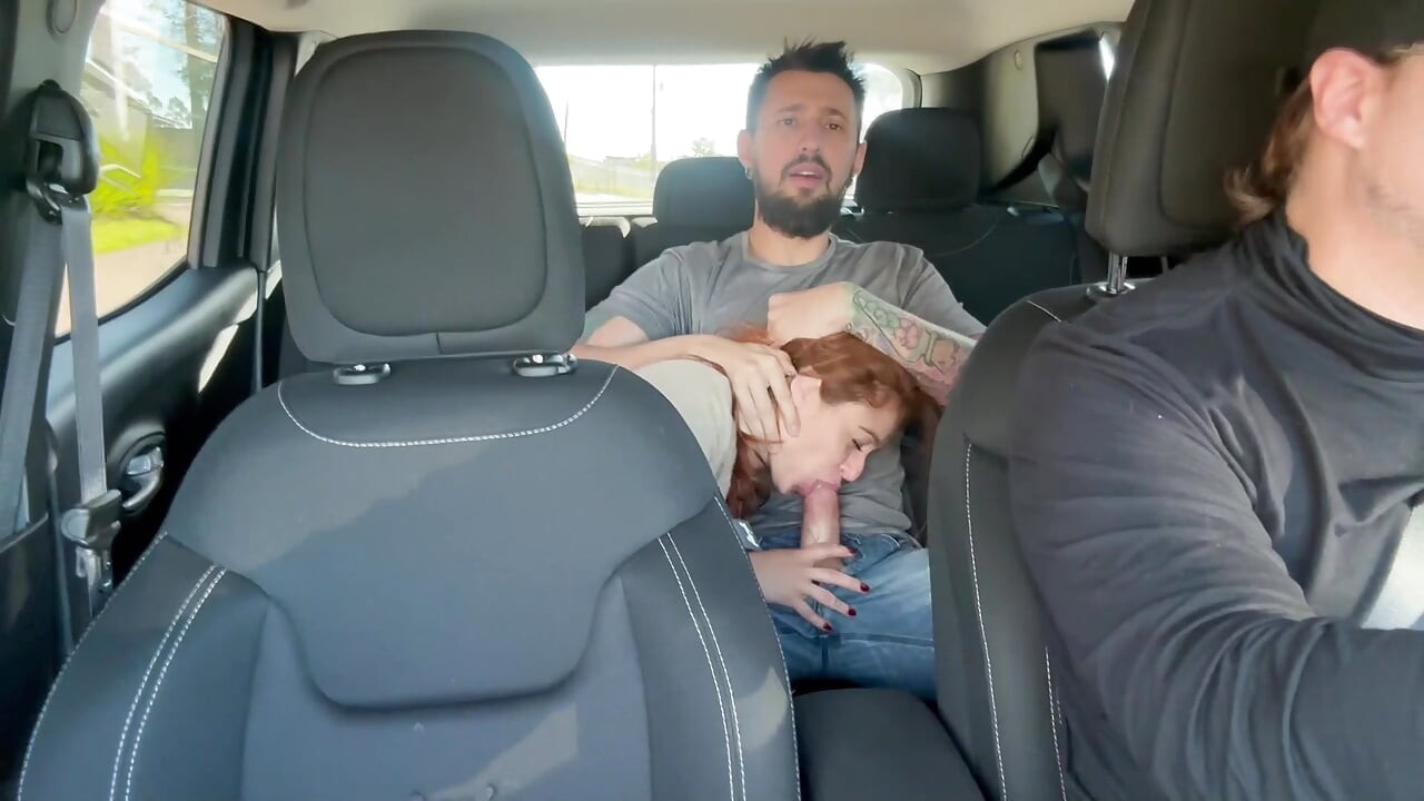Couple Fucks in Uber Car During Traffic - Redhead Swallows Cum and Lets It Drip Out of Mouth