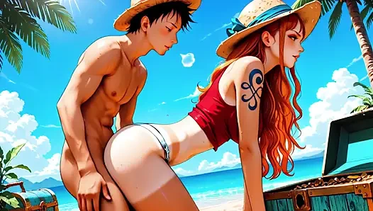 Nami dientot habis-habisan sama luffy dan zoro - seks threesome di pantai hentai one piece tanpa sensor