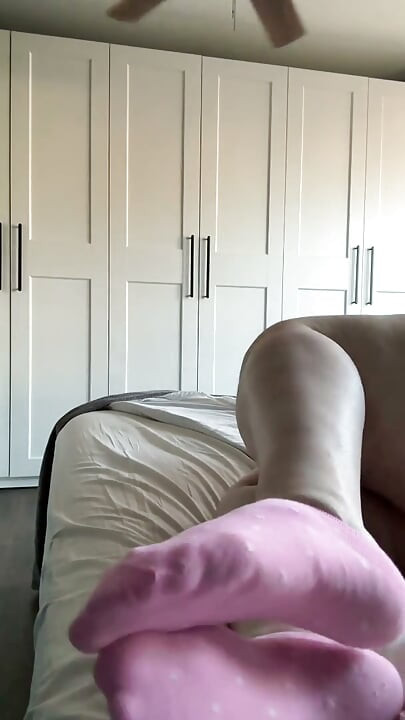 Showing off and Jerking Off into my new pink polka dot socks