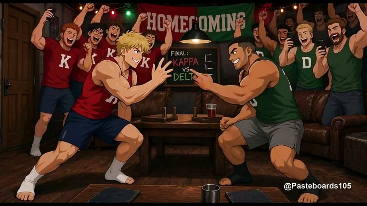 The Bet - Frat Captains Arm-Wrestling Wager, Loser Strapped To The Basement Bench (2D Anime Bara)