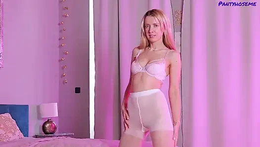 Elegant Blonde Slut Andriana Sweet Blonde Fucks and Sucks in Sheer White Nylons