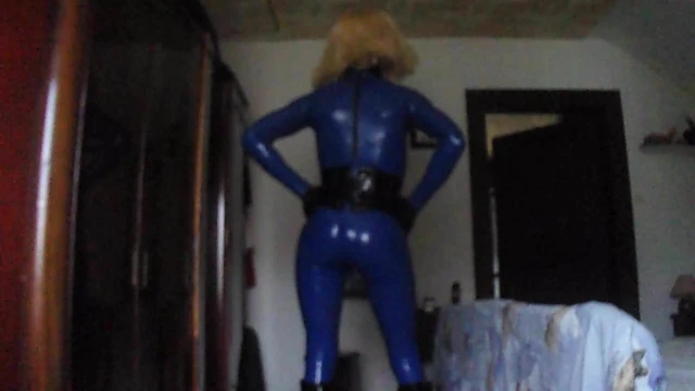 blue latex catsuit