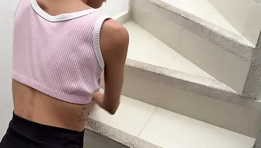 This delicious skinny girl loves sex and I fuck her hard on the stairs while we're alone at home