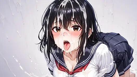 The student girl is cummed all over her face