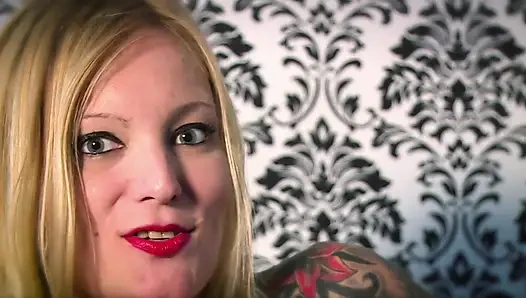 Blonde tattooed & small titted MILF in lingerie and gloves sucks and fucks this dude but gently