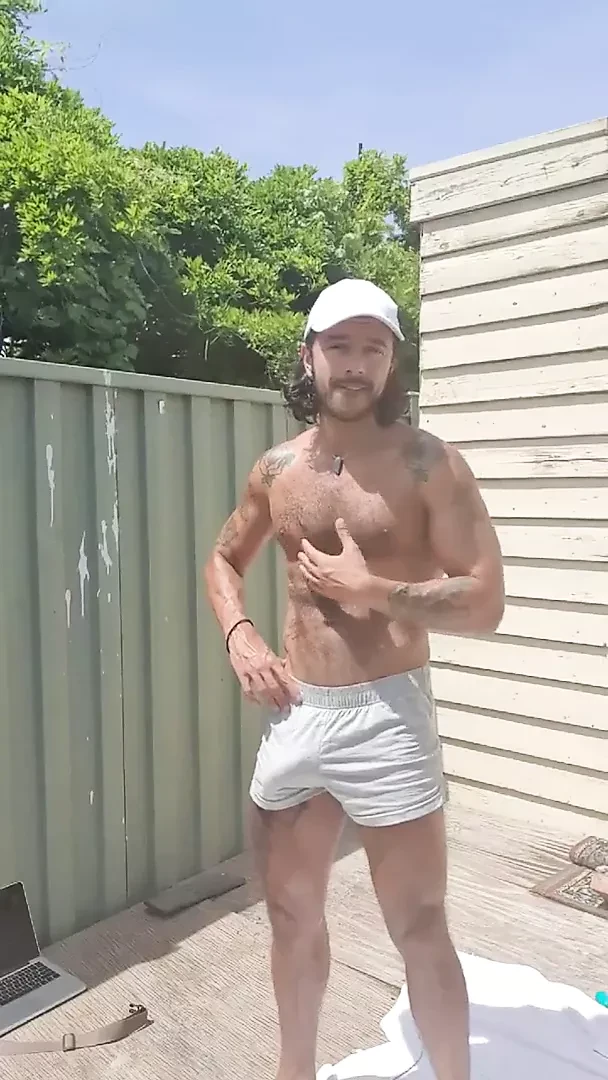 Hairy inked showing off outdoors