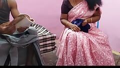 Tamil aunty was sitting on the chair and working I gently stroked her thigh and sucked so many breasts and had hot sex with her.