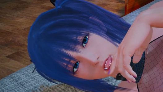 Menina japonesa gostosa com cabelo azul pode lidar com um pau grande corretamente: 3d hentai