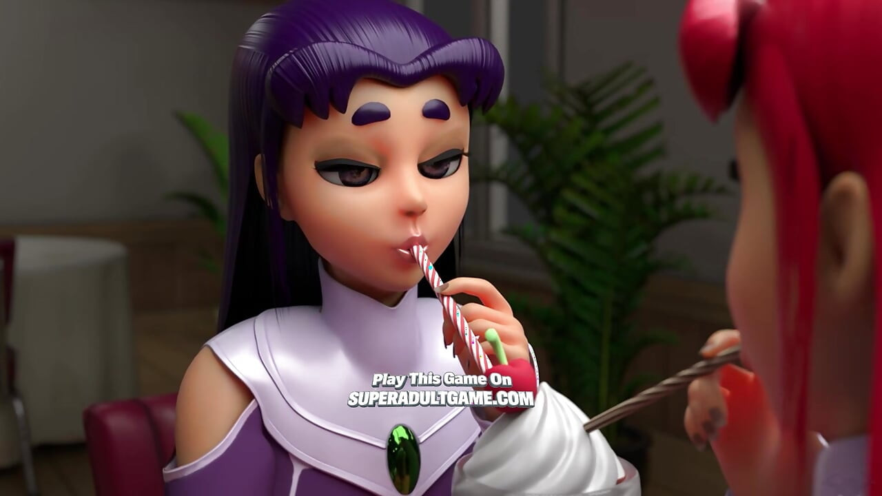 Raven &starfire, pipe sous la table et éjaculation faciale - animé en 3D