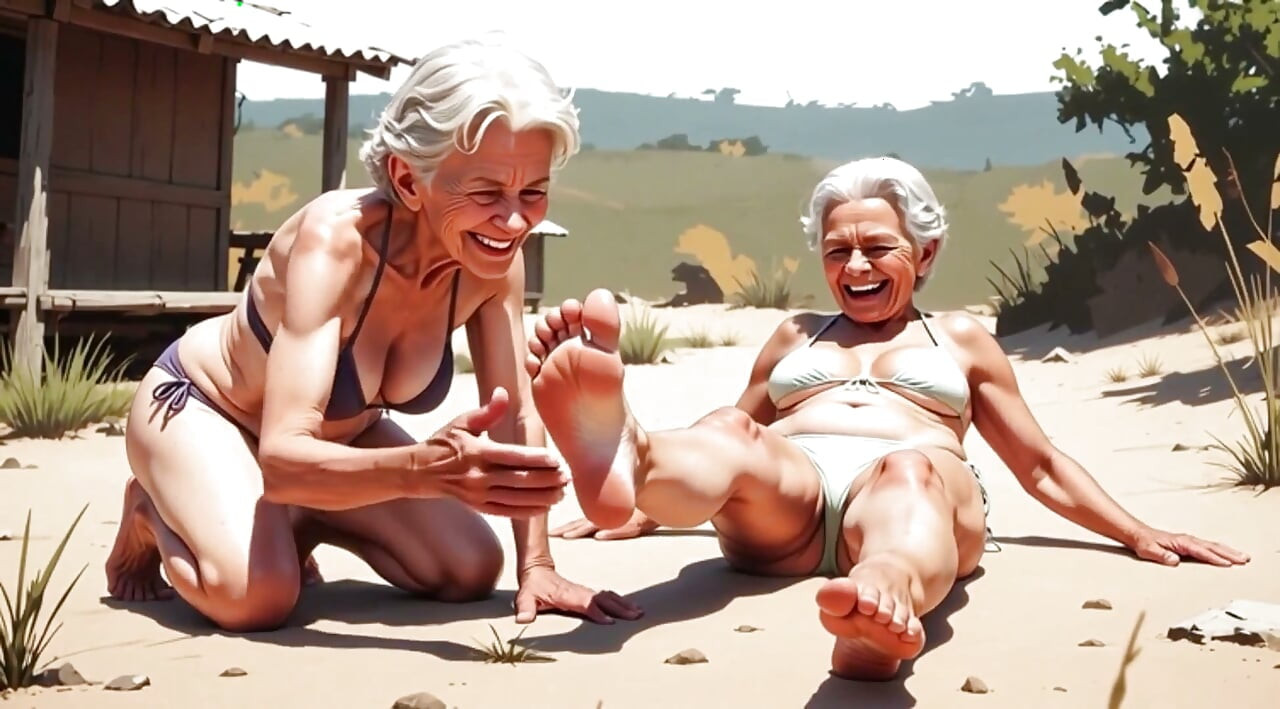 Two Skinny 90 Year Old Grannies - One Licks the Other's Feet in Humiliation