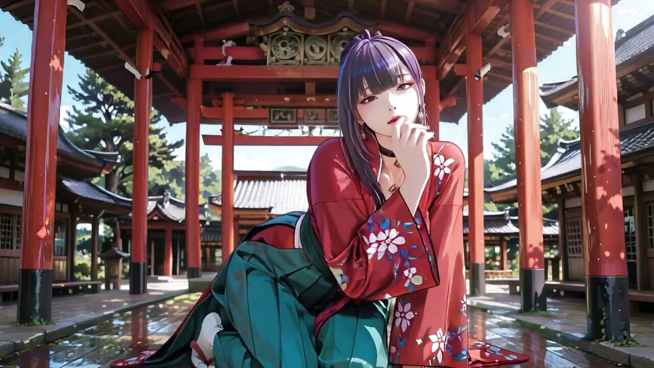 Paars haar kimono-meisje privéochtend! Rood en groen botsing is krankzinnig.
