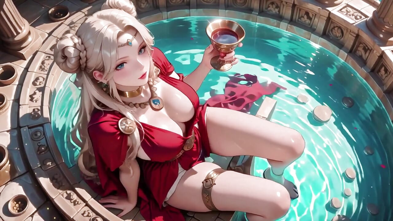 Blonde Goddess in Red! Forbidden Gaze in the Ancient Corridor, Deep V & High Slit teasing you.