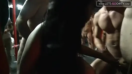 Tattooed girl eats cum after riding different cock in hot gang bang