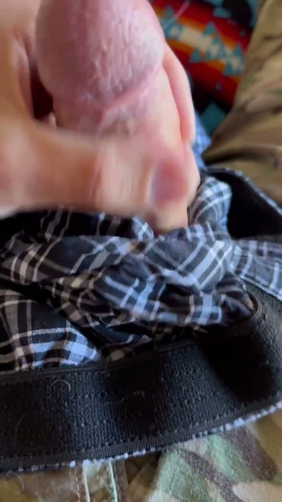 Horny soldier jerks off in his room shooting a nice cream load on his Sarge's crusty boxers | Clip 1