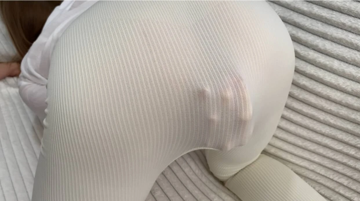 Pink Surprise Under White Leggings. White Outfit Tease