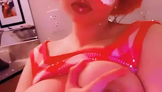Pink anime dream girl plays with her big boobs