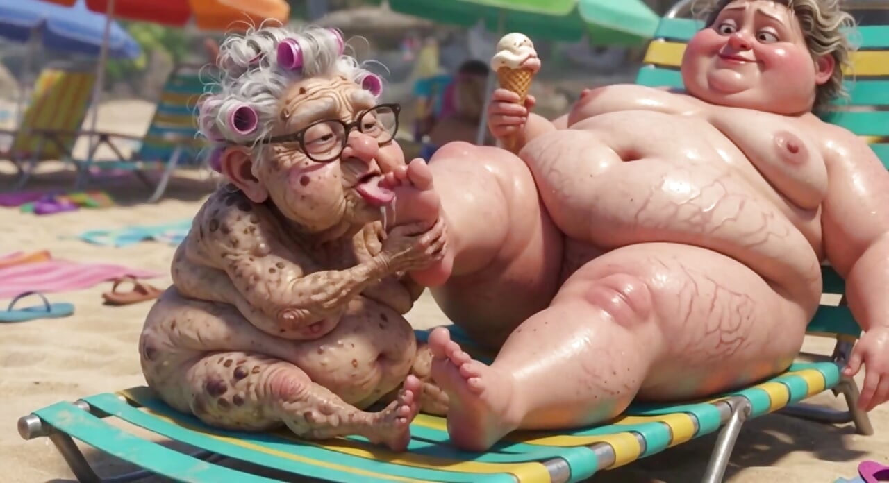 Elderly Granny Passionately Sucking BBW Feet on the Beach