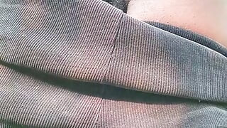 Riding big dildo outdoors