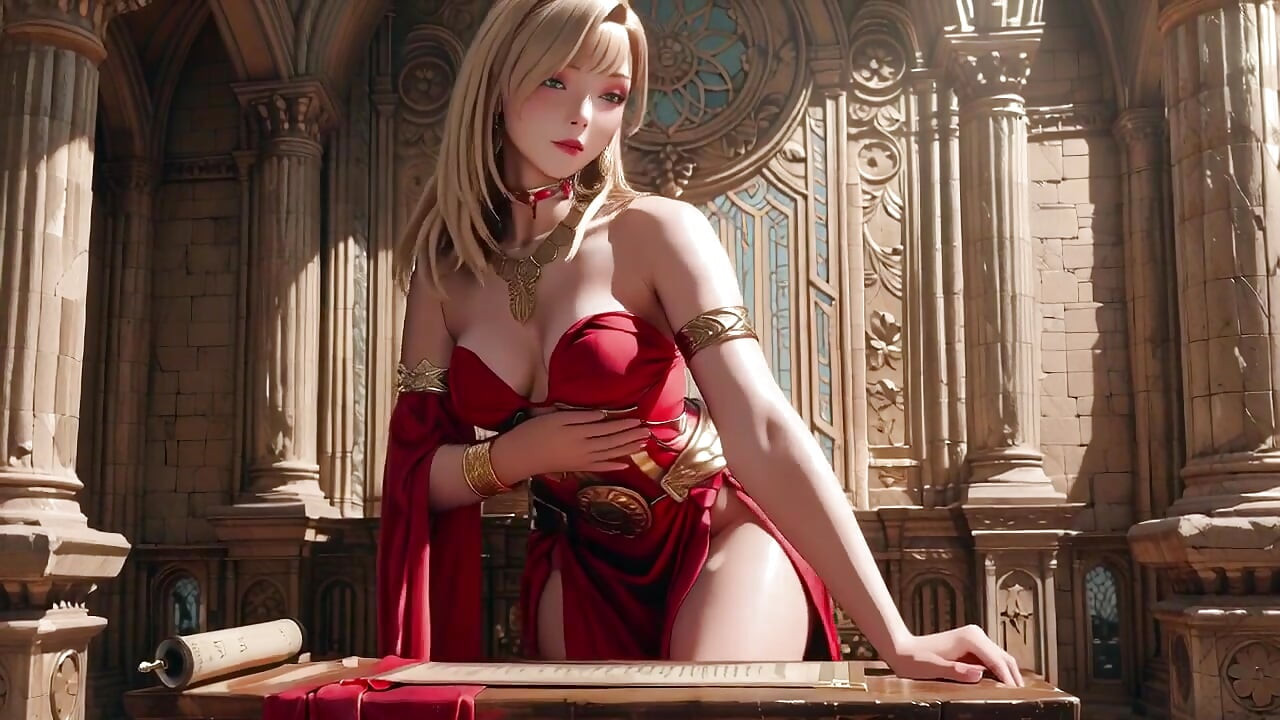Blonde Queen in Red ! Assise près de la fontaine, elle ajuste sa robe fendue... Les yeux rivés sur toi.