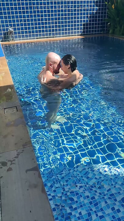 Pool Day: Busty Wife Having Fun with Her Lover. Big Tits, Sun and Big Cock