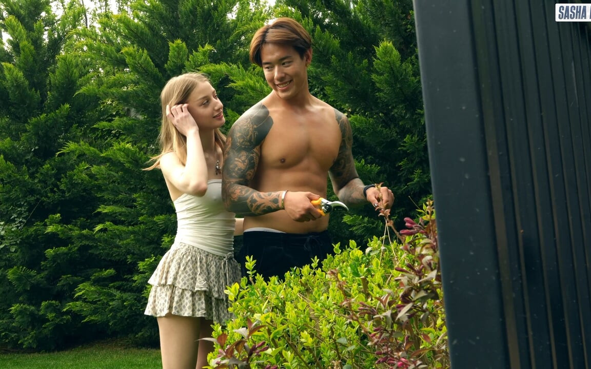 Cute Homemade Girl Fucked with Her Asian Gardener Titus Low in the Backyard of Her House!