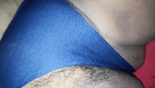I push my wife's panties aside to see her fat, hairy pussy