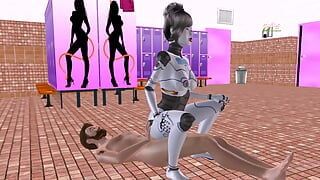 一个美丽的机器人女孩以反向女牛仔姿势突袭男人的鸡巴的动画色情视频。