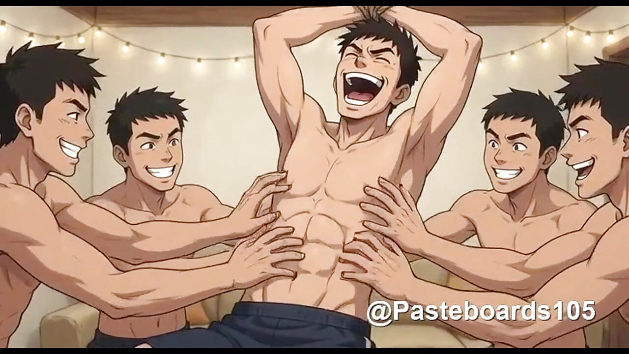 Krąg wyzwań – podwieszony pod belką, każda dłoń na jego brzuchu (2D Anime Bara)