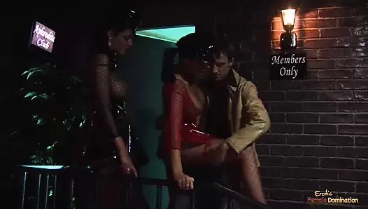 Hot babes in front of a club get their cunts penetrated by a stranger