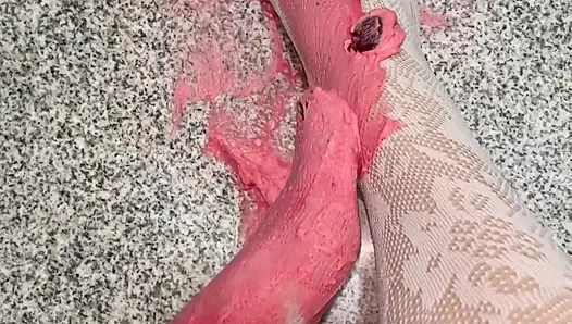 Playing with a whipped cream with my legs in white stockings