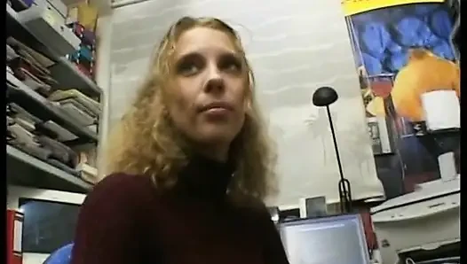 Curly haired blonde gets her hairy pussy fingered