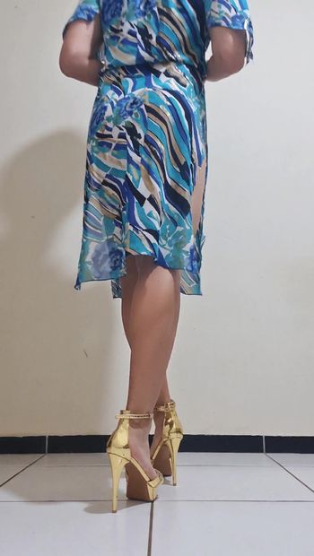 Crossdresser Summer Dress and Golden Heels makes me girly