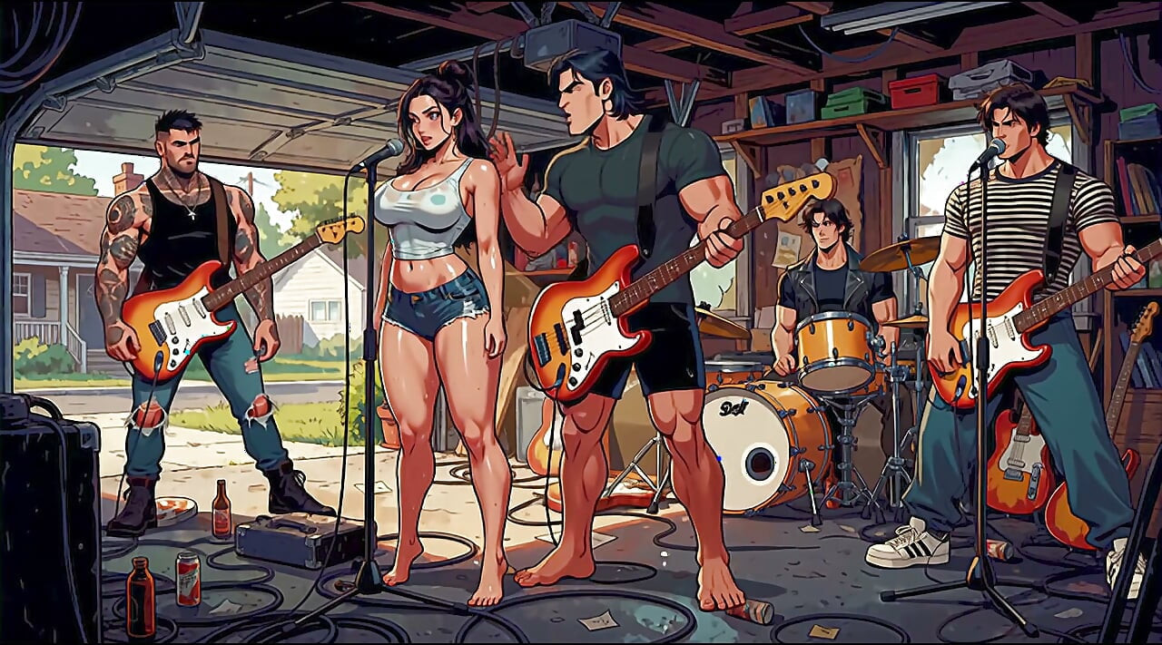 Slut Vocalist Fucked by Band Members in Garage Gangbang (AI Generated)