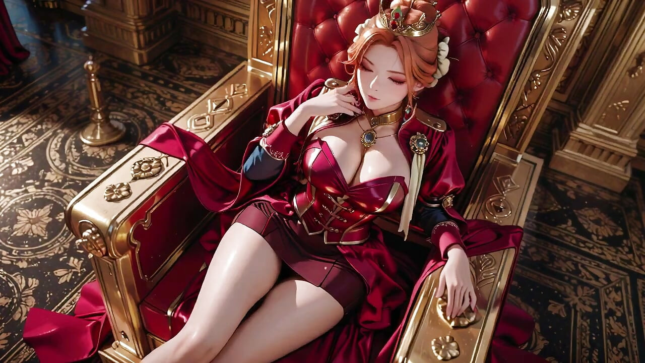 Reine rouge sur le trône doré ! Robe de velours profond, menton paresseusement posé sur la main, et un regard qui vous transperce.