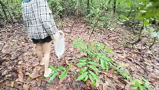 Thai girls walking and talking and picking mushrooms in the forest, secretly showing in the deep forest Clear Thai voice
