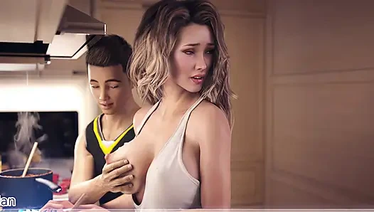 Bir evli kadın ve üvey anne mutfakta gerçek sikişiyor göğüs masajı