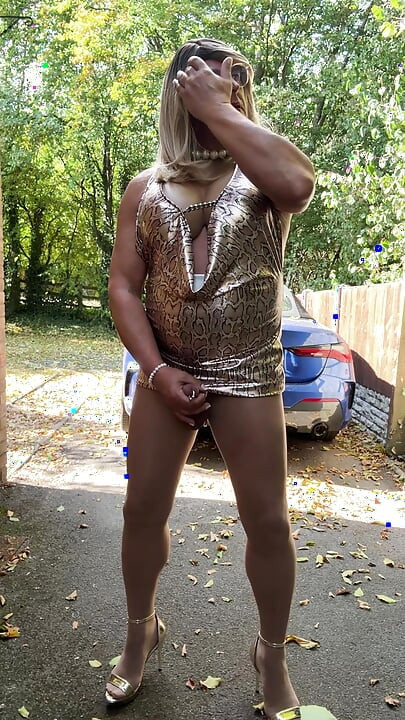 Sexy Crossdresser kellycd2022 in gold leopard print dress tan pantyhose and heels s