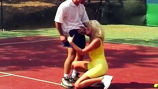 Blonde Sucks Cock Then Gets Fucked on Tennis Court