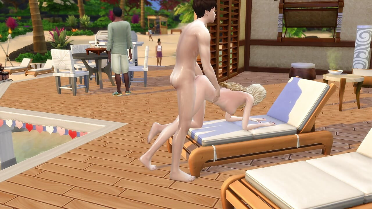 Couple in love have sex in public on the beach. The sims