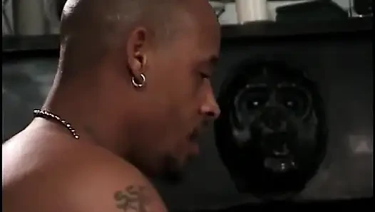 Dominating brunette sucks on two black cocks while her blonde slave girl masturbates