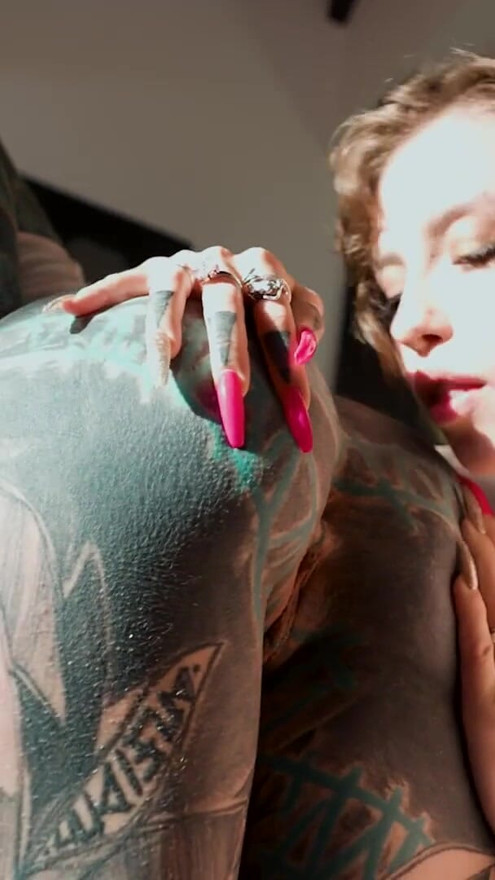 Lesbian Goth's Tattooed Asshole Dildo Play | Clip 1