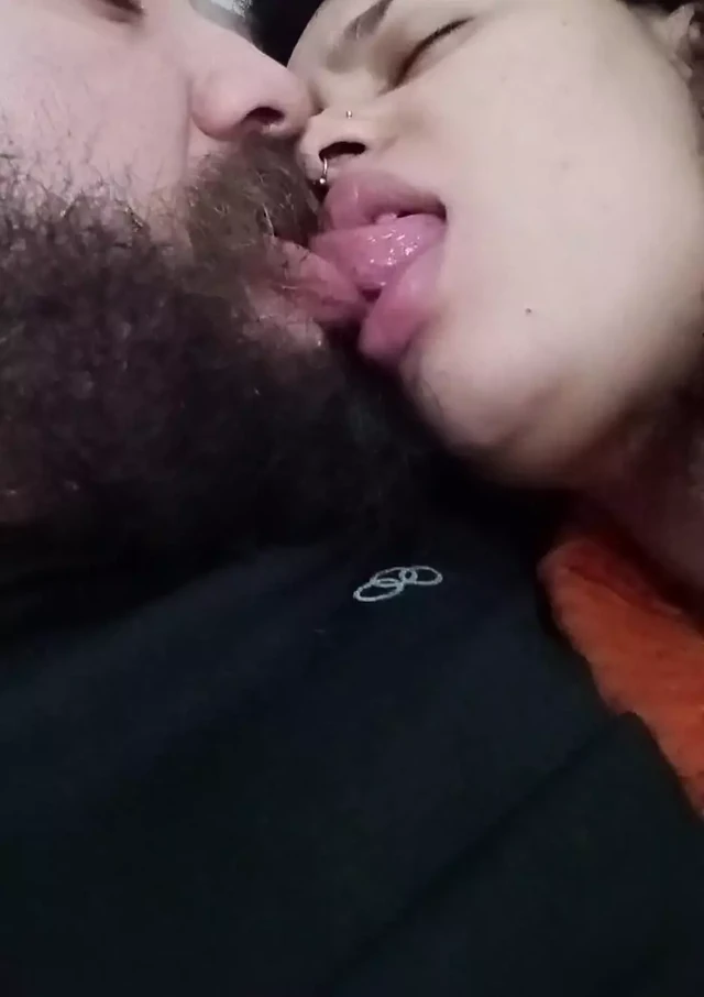 SEXY KISS, slut drinking cuckold's mouth while fucking hard horny cock with her handjob